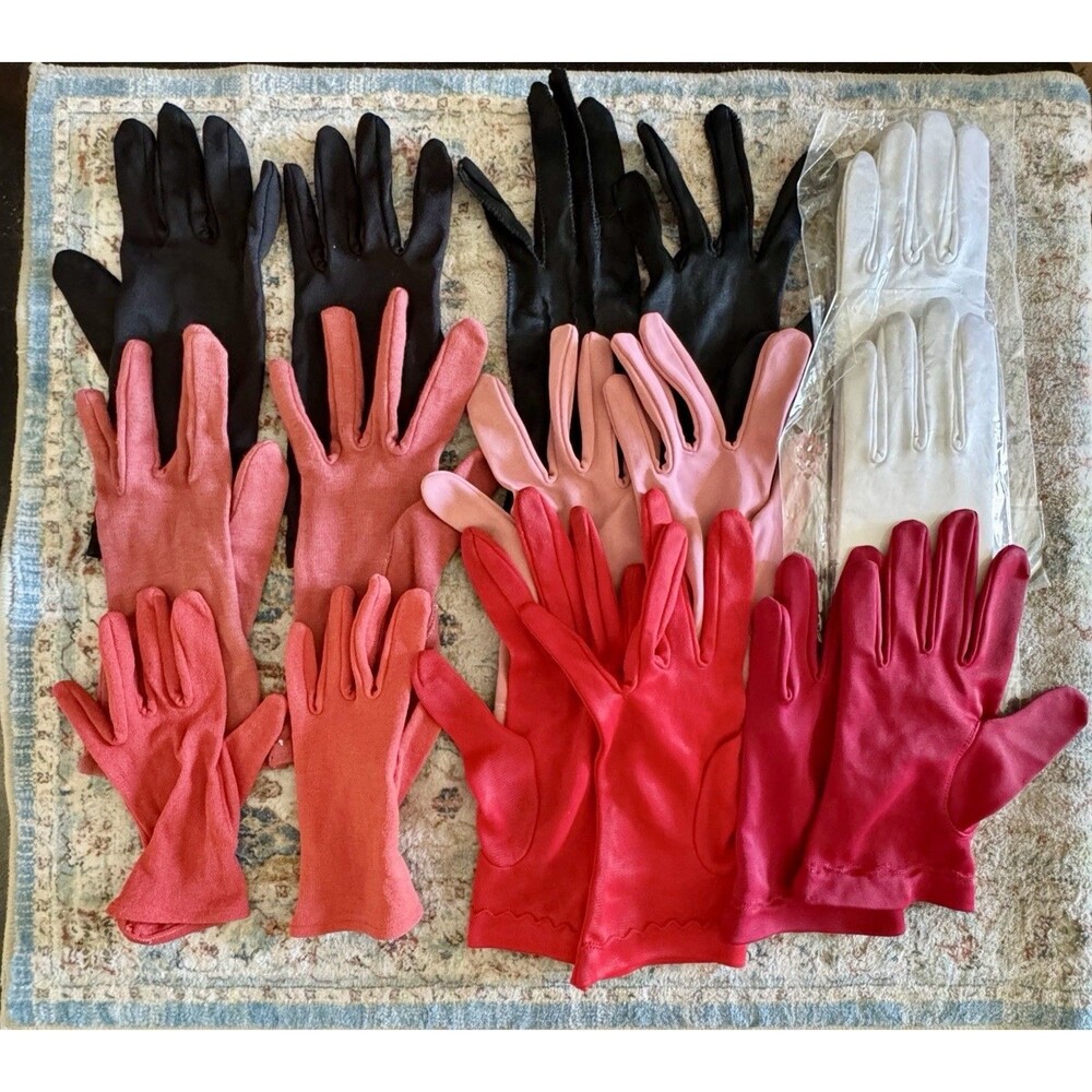 9 Pairs Vintage Wrist Gloves Lot Nylon Stretch Black Red Pink White Halloween